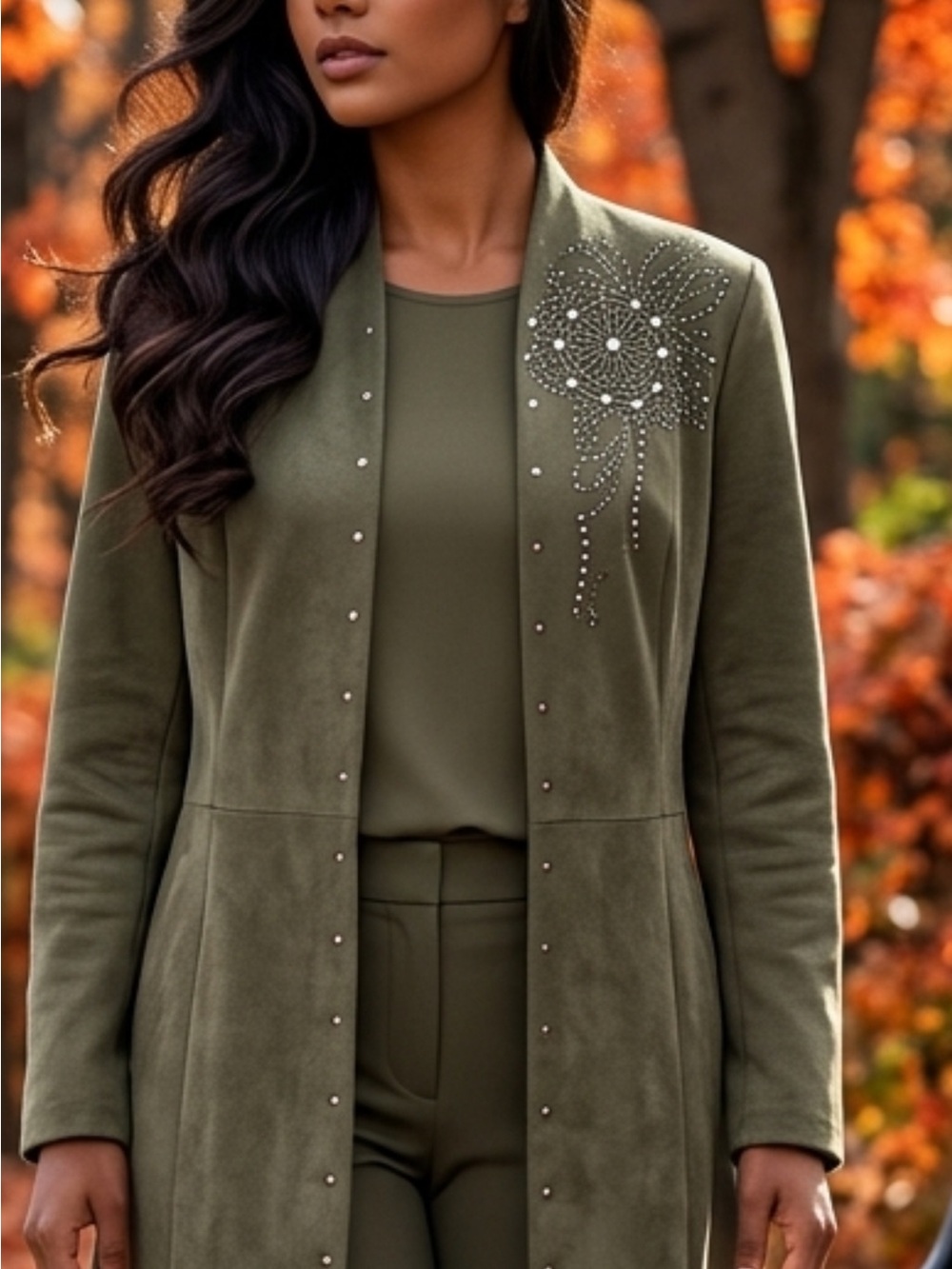 Olive faux Suede hand engraved /burnt Women’s Jacket. 3/4 LENGTH SLEEVES